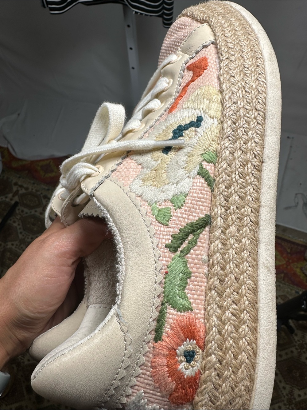 Dolce Vita Cream Espadrille Sneakers with Coral & Green Floral Embroidery